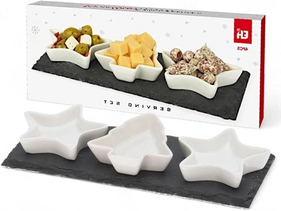 Set da festa di Natale - 4 pezzi con piatto di legno e piatti di porcellana - ideale per tapas, olive, formaggi e dips - design festivo - tavola di Natale