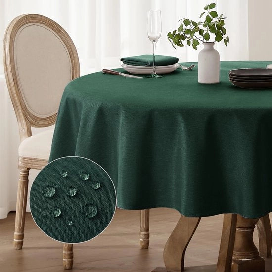 Tavolino con tovagliato in tessuto di lino a forma rotonda, circa 160 cm, colore verde natalizio, lavabile, 210 g/m², impermeabile all'acqua, adatto per esterno, per occasioni festive, autunno, inizio scuola.