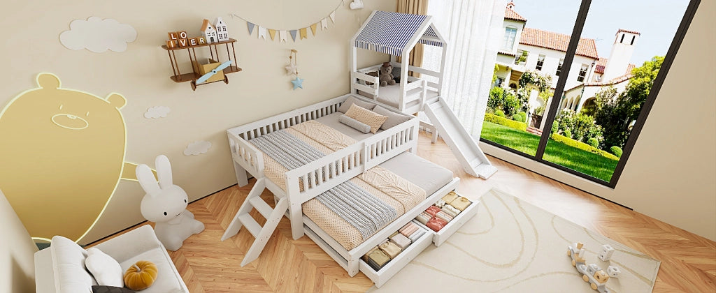 Letto per bambini a casetta 90 × 200 cm con letto estraibile, scivolo, scala laterale e cassetti, senza materasso, bianco