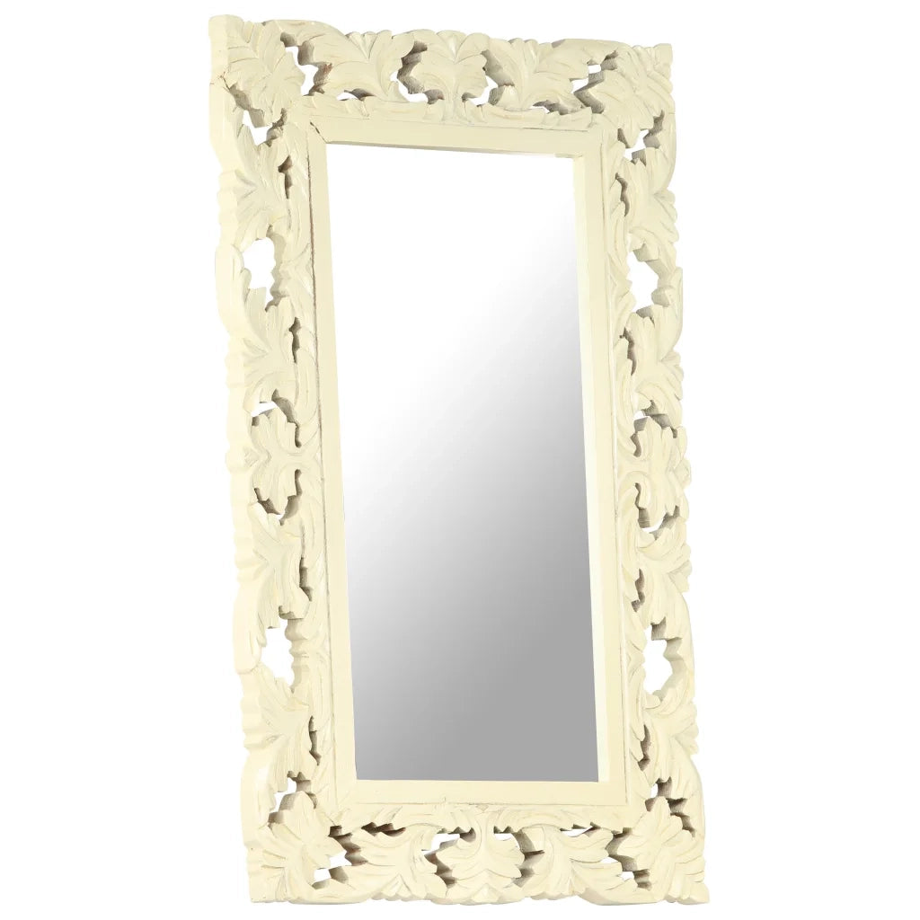Specchio Intagliato a Mano Bianco 80x50 cm in Massello di Mango 321642