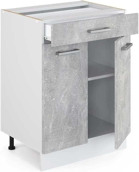 Mobiletto base per cucina R-Line, Calcestruzzo, 60 cm con cassetto, senza piano di lavoro, per la libera combinazione all'interno di sistemi cucina modulari