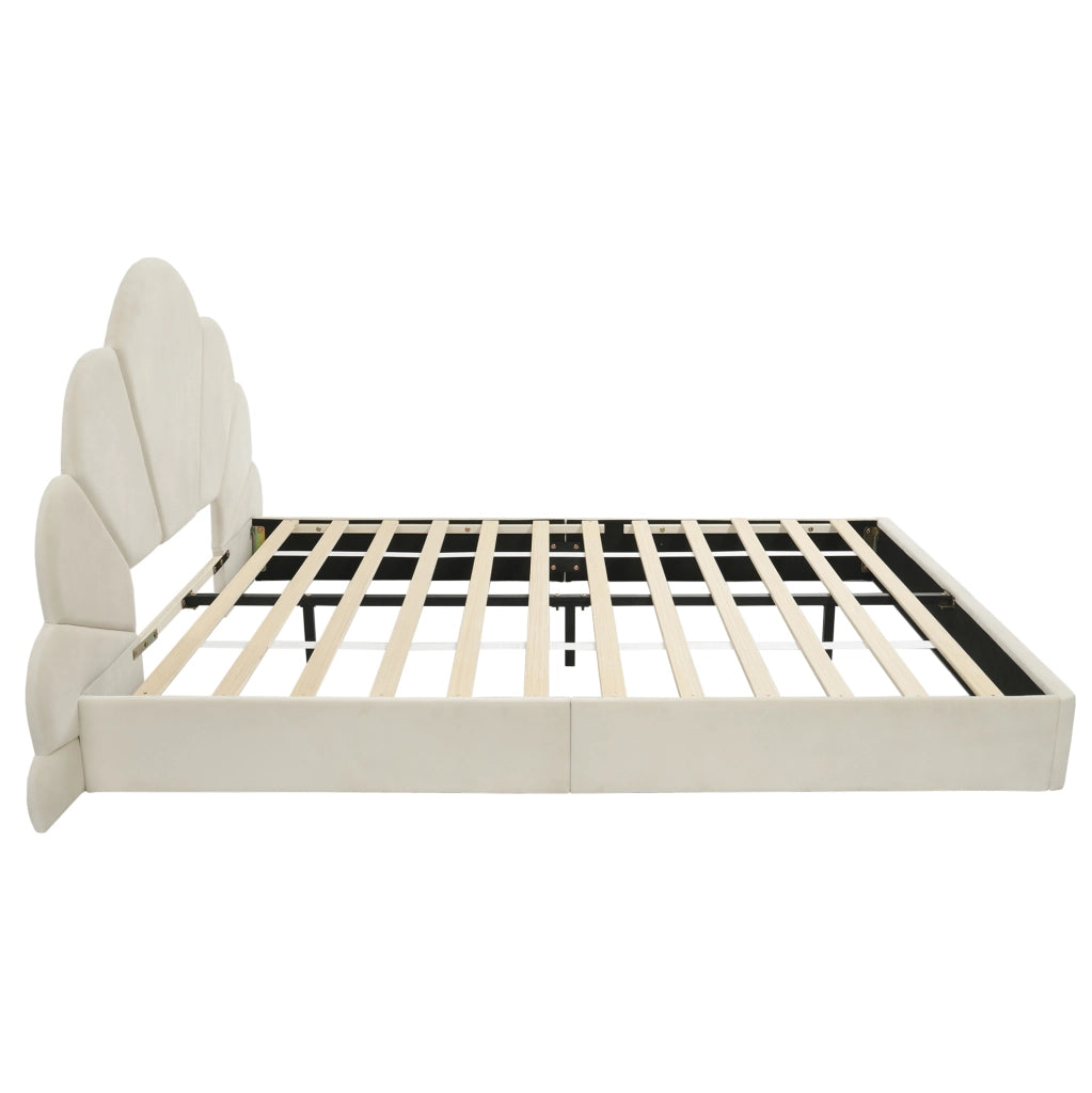 Letto matrimoniale imbottito beige in velluto con testiera floreale 140x200 cm