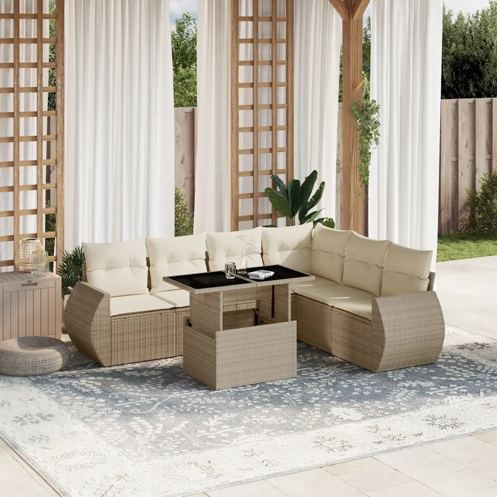 Set Divani da Giardino 7 pz con Cuscini Beige in Polyrattan