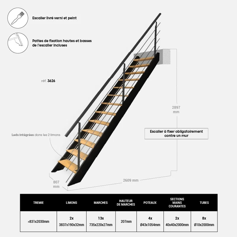 DIVERSO - Scala dritta in legno con LED integrati, nera con balaustra