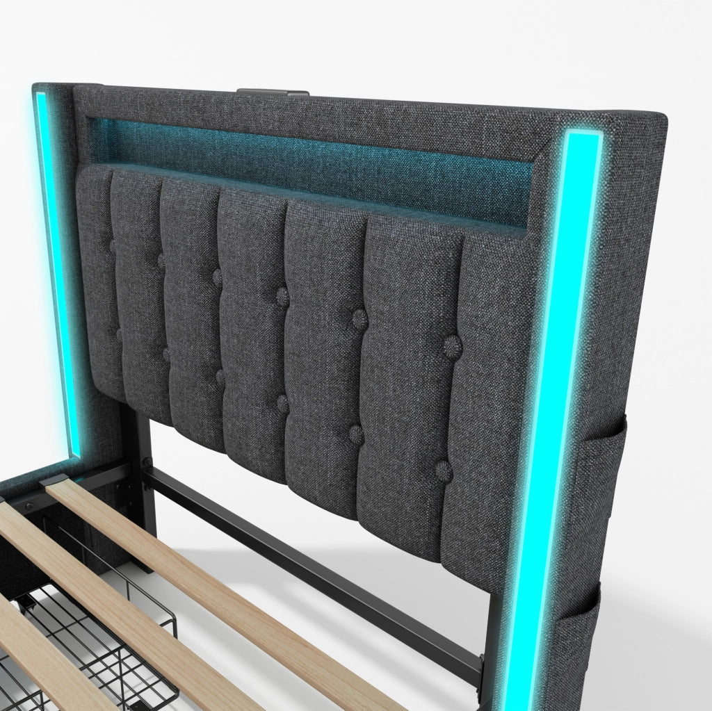 Letto singolo 90x200 cm con LED; porte USB e USB C; 2 cassetti; rivestimento in lino grigio