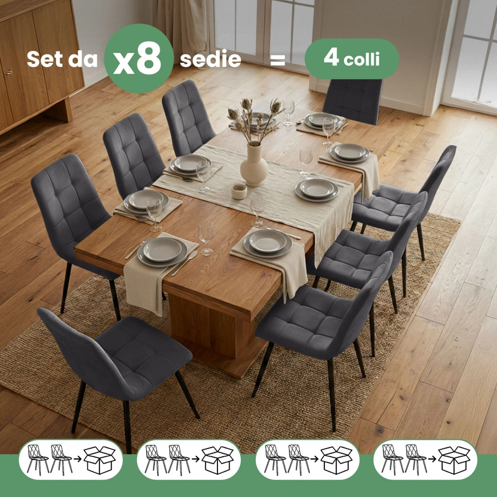 Set di 8 Sedie in velluto trapuntate NERO Grafite Scuro gambe nere
