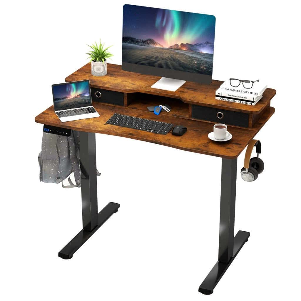 Scrivania elettrica regolabile in altezza con 2 cassetti, Scrivania con supporto per monitor 100 x 60 cm Marrone-Scrivanie