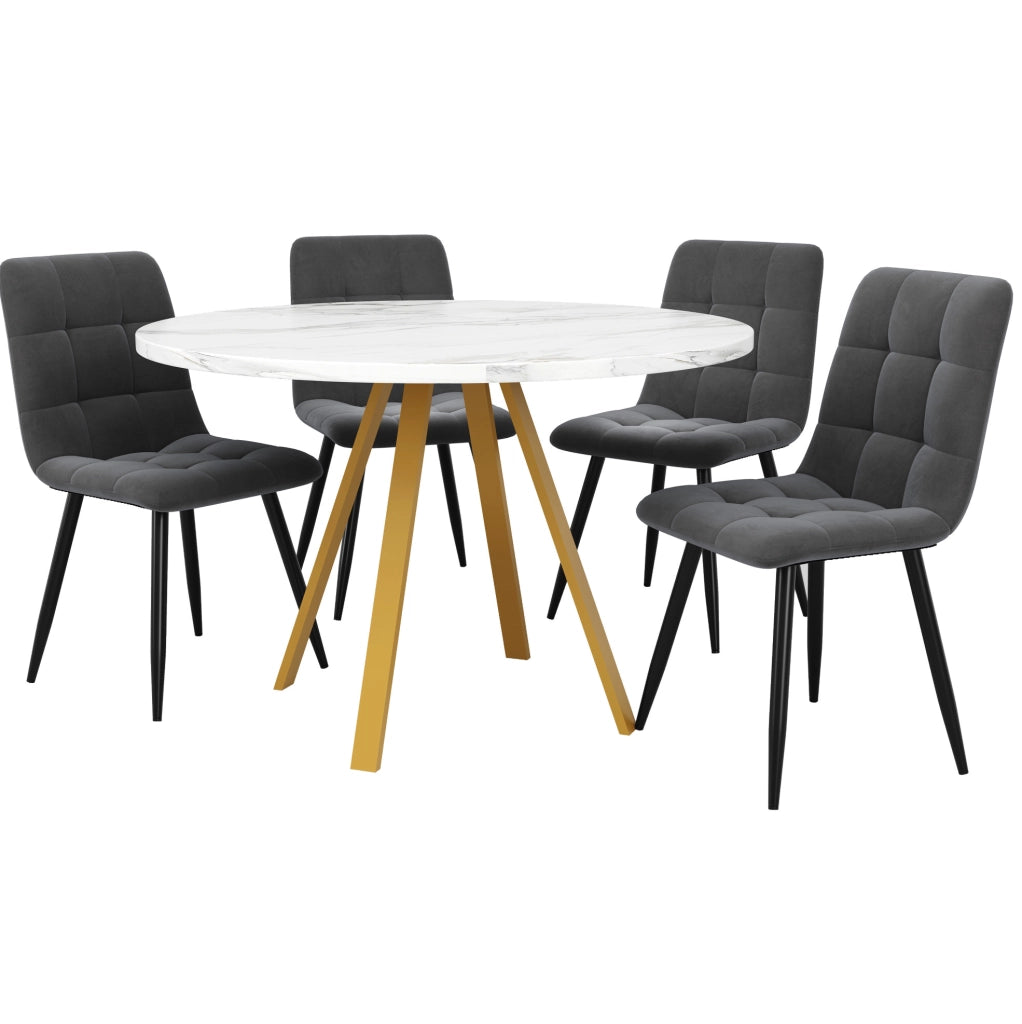 Set da pranzo 80x80x75 cm con 4 sedie; piano in MDF e gambe in ferro; bianco e oro