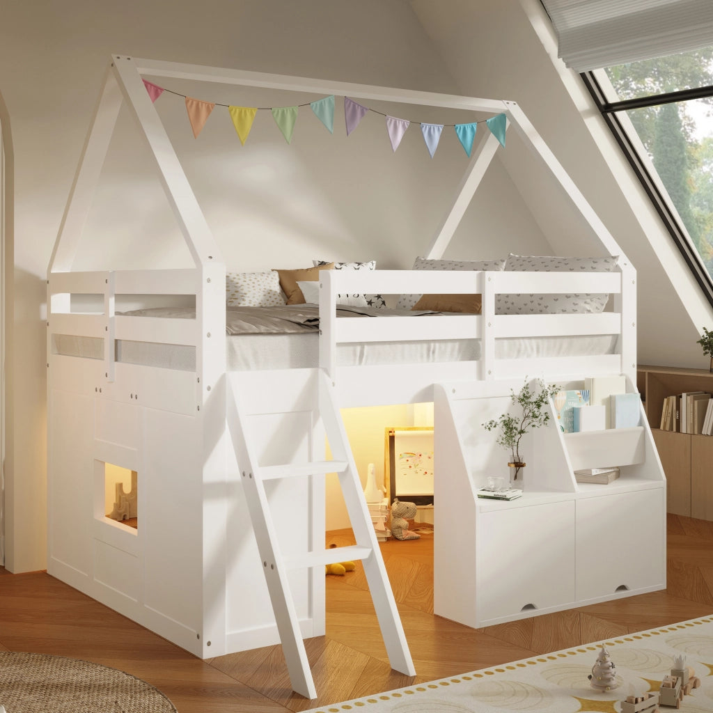 Letto a Soppalco 140x200 cm con scale; LED; box e tasche in legno bianco per cameretta