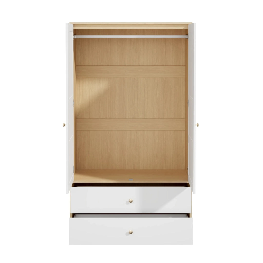 Armadio 2 ante con 2 cassetti e appendiabiti, 100x48x180 cm, bianco e effetto legno