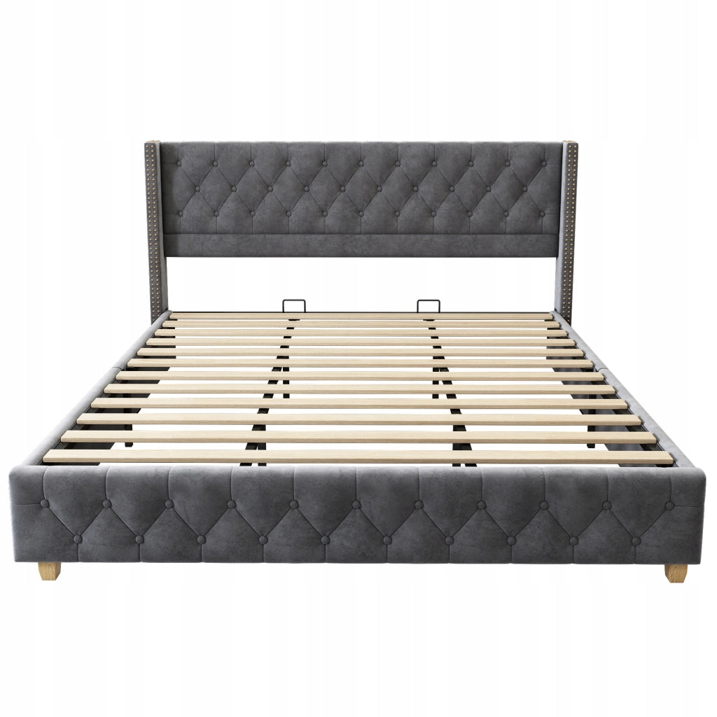 Letto 140x190 - Xylo - Beige, Velluto, Idraulico, 2 Cassetti