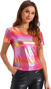 Blusa con collo V in metallo per club da festa, rosso, XL