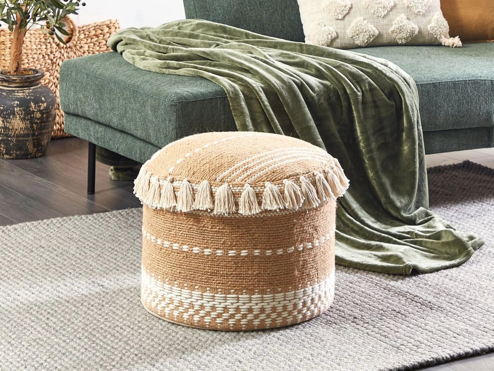 Pouf Beige Juta EPS Riempimento Rotondo ø 50 cm Ottomana intrecciata a mano con frange Stile Boho