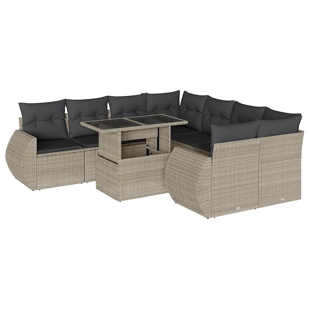 Set Divano da Giardino 9pz con Cuscini Grigio Chiaro Polyrattan