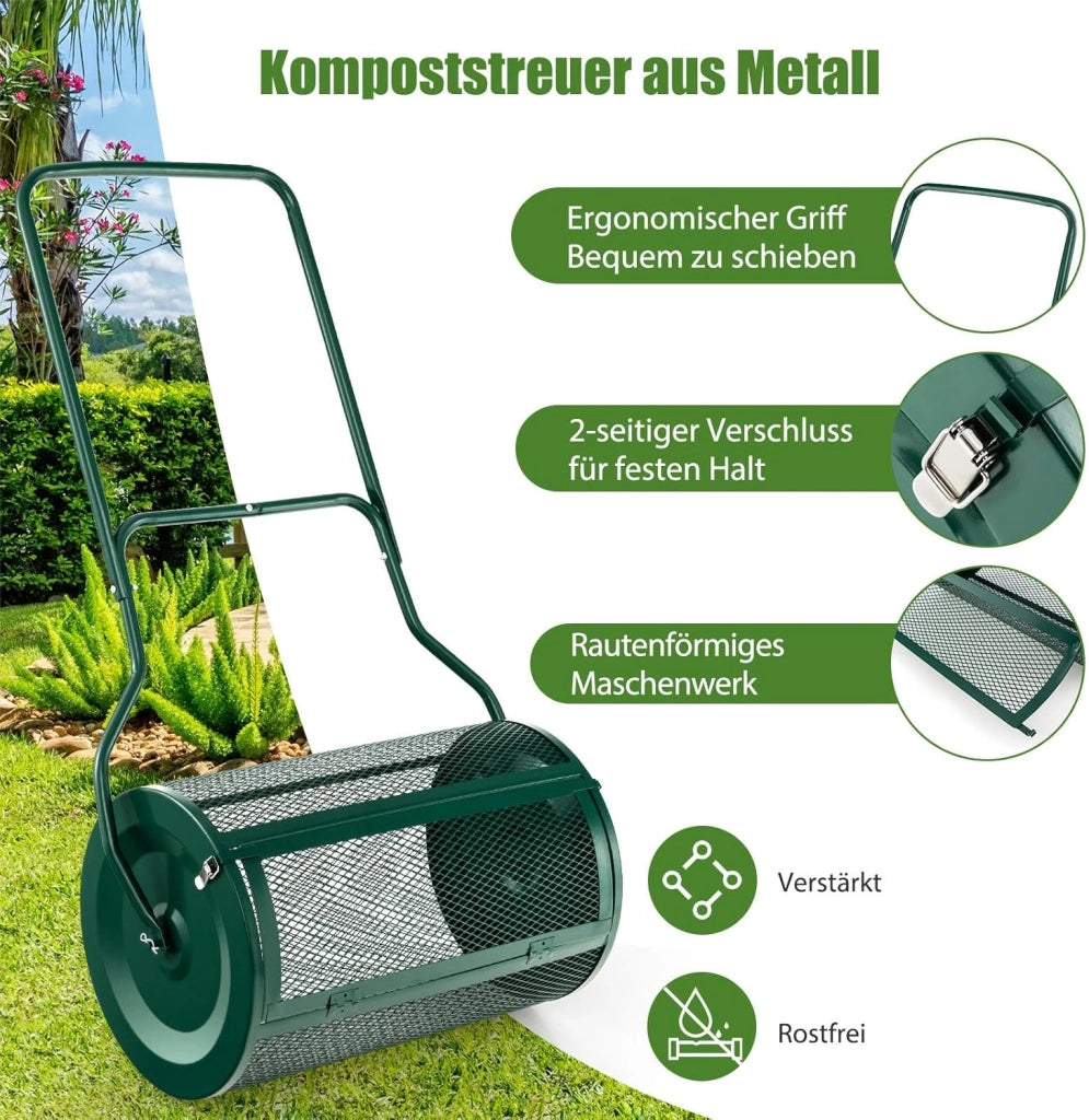 Rullo Spargiconcime Prato da 80L, Spargiconcime a Rullo Ø41 x 68 cm con Manico e Cestello in Rete Metallica, Spargiterriccio da Giardino per Concimazione e Semina (Verde)