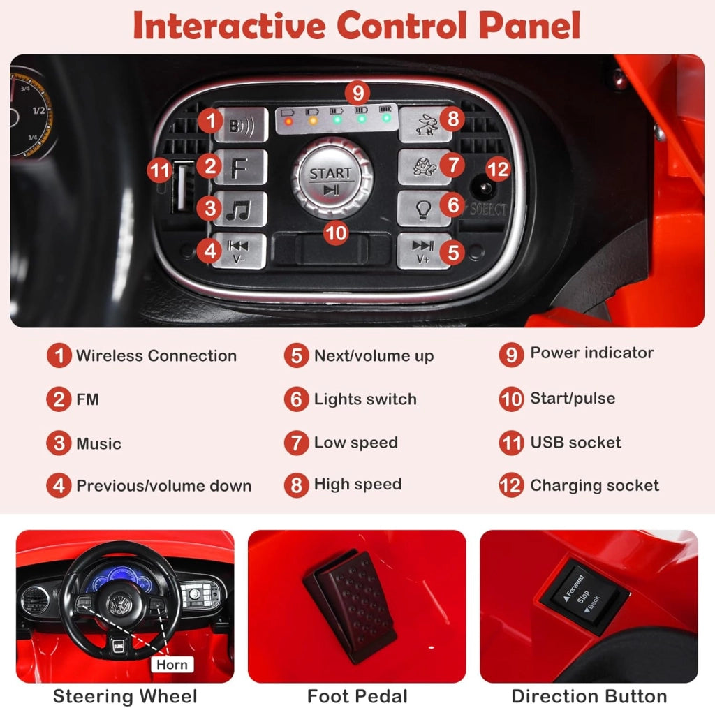 Macchina Elettrica per Bambini Volkswagen Beetle Maggiolino 12V con Telecomando, Auto Elettrico a Pedale, Veicoli con Musica, Fari LED e Clacson, 3-5km/h, Carico 30 kg, 3-8 Anni (Rosso)