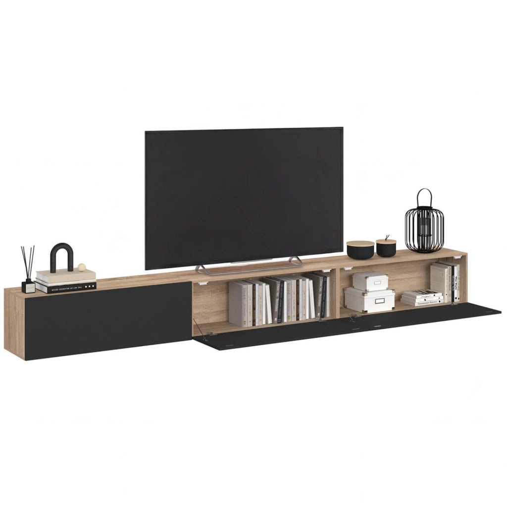 IDMarket - 270 cm ELIO mobile TV a 3 ante in legno e nero a parete