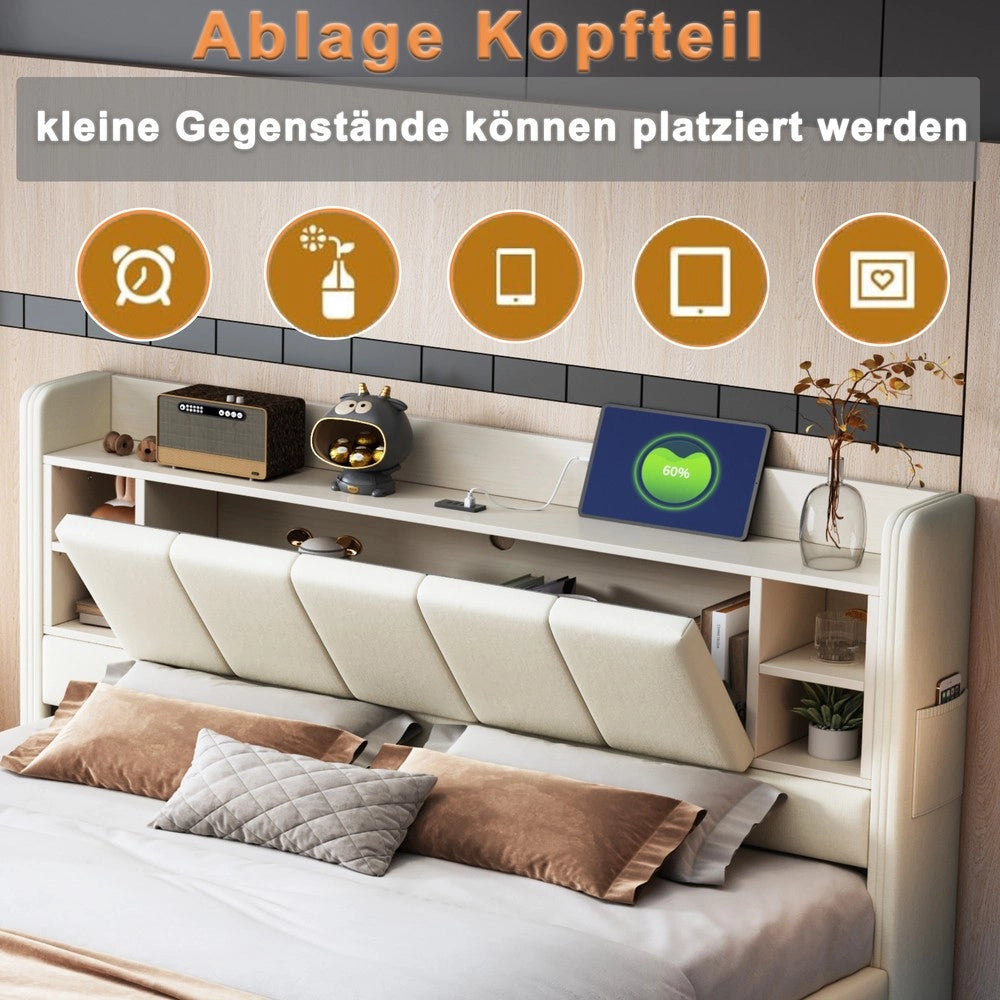 Letto imbottito matrimoniale con LED e USB ¨C Minimal ¨C Beige tessuto metallo 160x200cm