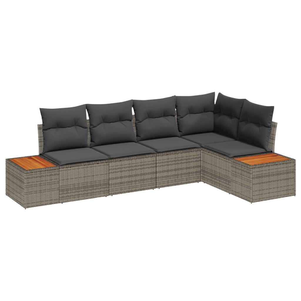 Set Divano da Giardino 5 Pezzi con Cuscini Grigio Polyrattan Acacia