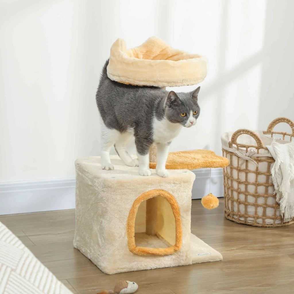 Albero Tiragraffi per Gatti con Cuccia 40x30x72cm in Sisal e Peluche Beige Giallo