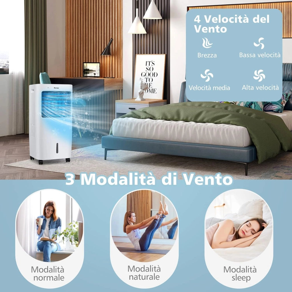 Condizionatore Portatile 3 in 1, Con Raffreddamento, Ventola e Umidificazione, Serbatoio dell’acqua di 20 L, 7,5 H Timer, Con 4 Velocità, Telecomando e Ruote
