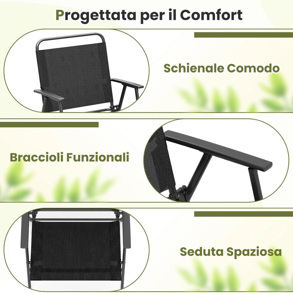 Set di 2 Sedie da Giardino Pieghevoli, Sedie da Spiaggia con Schienale e Braccioli, Poltrone da Campeggio, Sedia Esterno per Veranda, Balcone e Piscina, Portata 150 kg