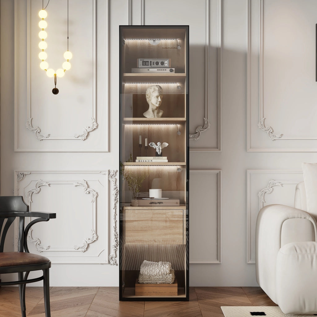 ARMADIO DA BAGNO con 1 cassetto e 1 anta in vetro temperato, MDF naturale