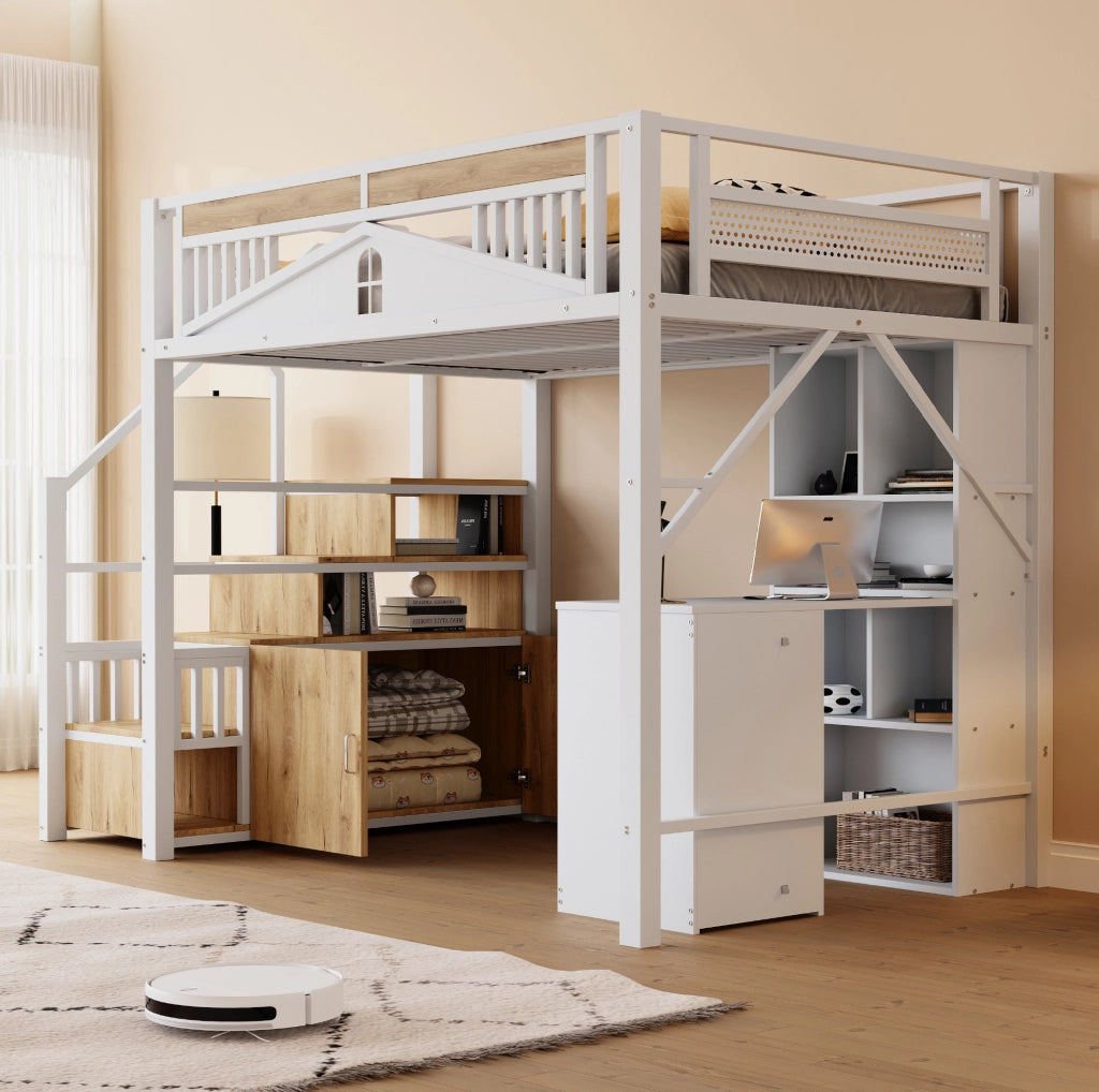 LETTO A CASTELLO 140x200 cm in metallo e legno bianco con scala contenitore