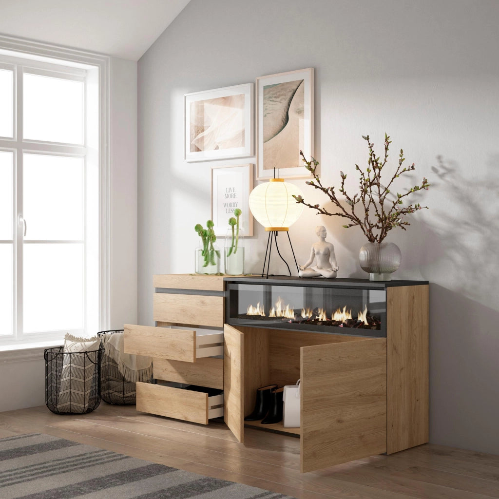 Cassettiera, 157x35x75cm, Camera da letto, Camino elettrico, colore Rovere RF3434