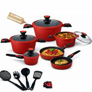 Batteria Pentole Rubino Suprem 24PZ Alluminio Pressofuso Rosso Manici Removibili