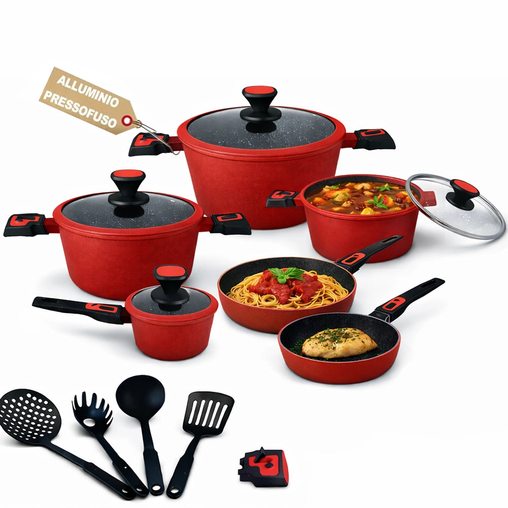 Batteria Pentole Rubino Suprem 24PZ Alluminio Pressofuso Rosso Manici Removibili