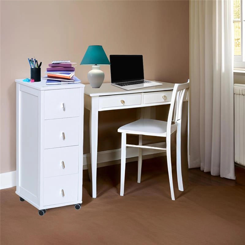 VESUVIO CASSETTIERA POKERINO COLORE BIANCO IN FAGGIO BASE INFERIORE DI BETULLA 4 CASSETTI RUOTE IN PLASTICA GOMMATA  84X29X39 CM