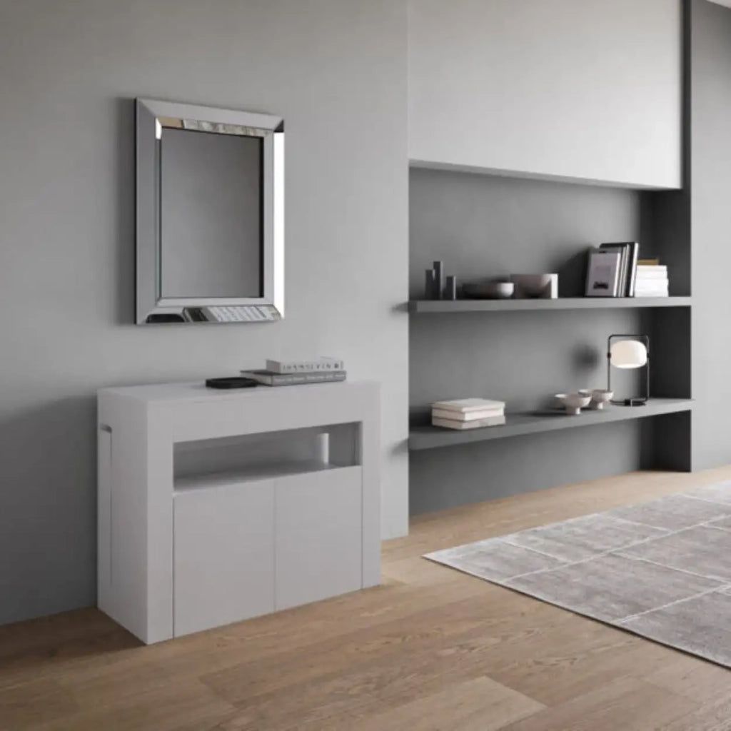 Consolle allungabile 90x42/302 cm Evolve bianco frassino allunghe interne con panca inferiore