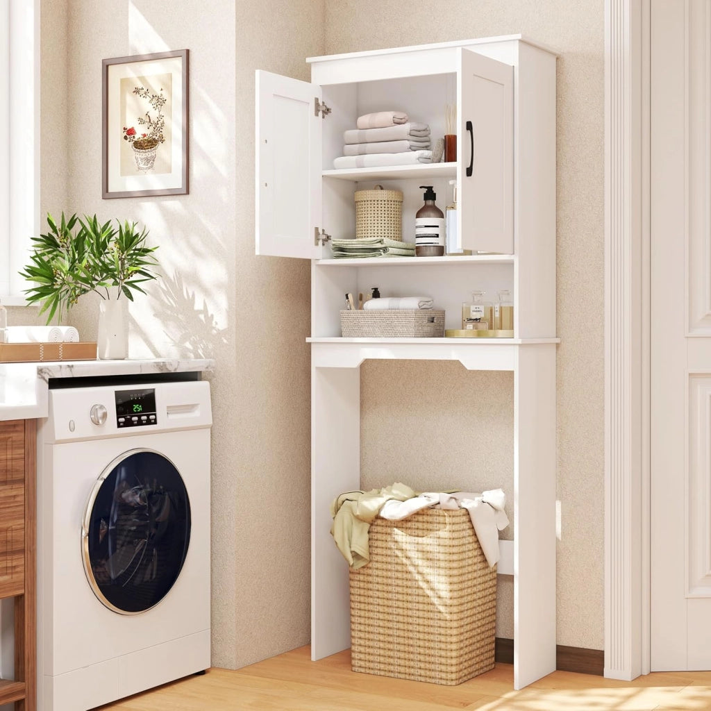 Armadietto per WC con doppia ante, ripiano aperto e ripiano interno regolabile in 5 livelli, armadietto da bagno sopra la toilette, per bagno e lavanderia, 63 x 24 x 168 cm