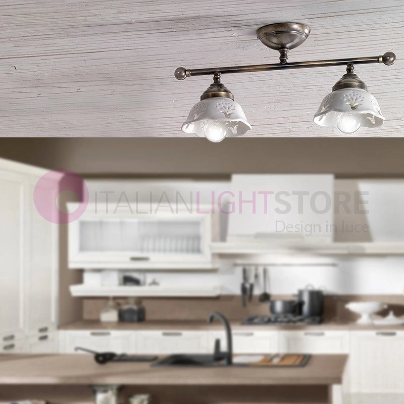 RIPARBELLA Plafoniera a 2 Luci in Ceramica e Ottone Rustico Country
