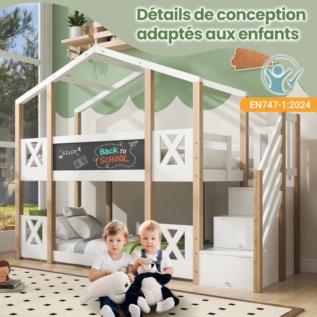 Letto a Castello 90×200 cm; Letto Singolo con Scala Contenitore; Lavagna e Sponde; senza Materasso