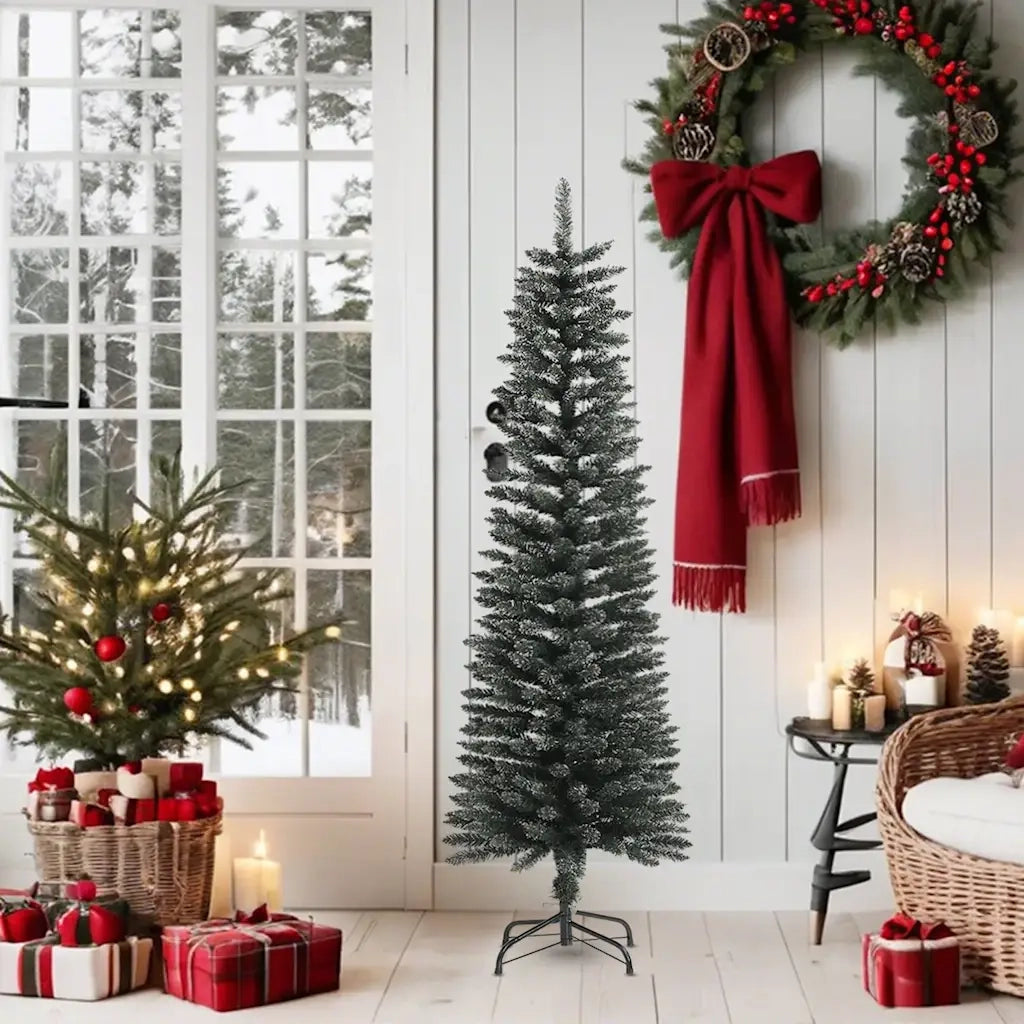 Albero di Natale | Decorazioni natalizie Artificiale Sottile con Base Verde 150 cm PVC