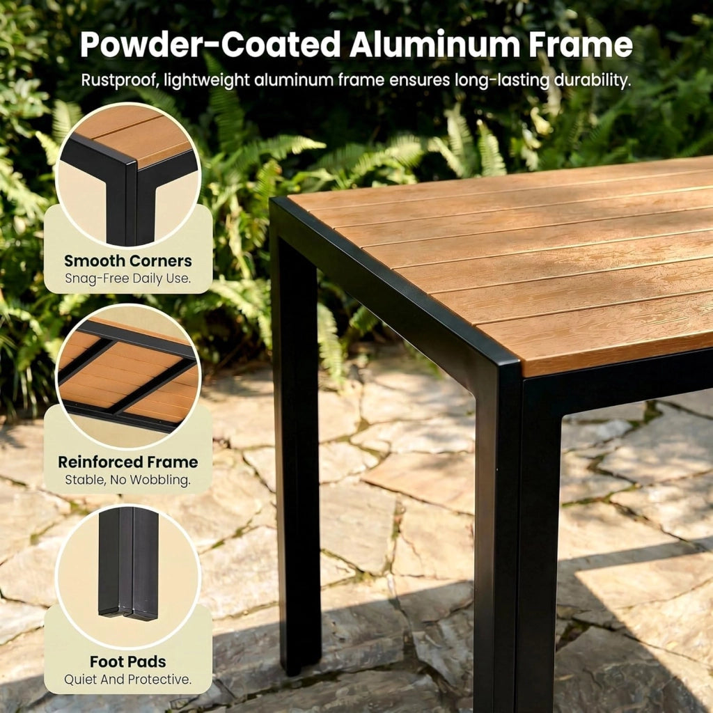 Tavolo da Giardino 110x70 cm, Tavolo da Terrazzo in WPC per 4-6 Persone, Tavolo da Balcone Resistente alle Intemperie con Telaio in Alluminio, Design Effetto Legno,Marrone Teak