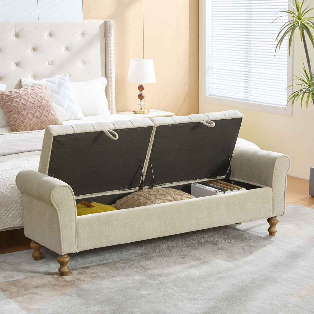 Banca contenitore con doppio coperchio e seduta in chenille con gambe in legno massiccio greige 134,5 × 30,0 × 49,0 cm