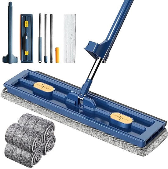 Mop per Pavimenti Grandi - Rotante 360° - Facile da Svuotare - Blu - Mop a Microfibra - Per Uso Domestico - Incluso 4 Dischi di Mop