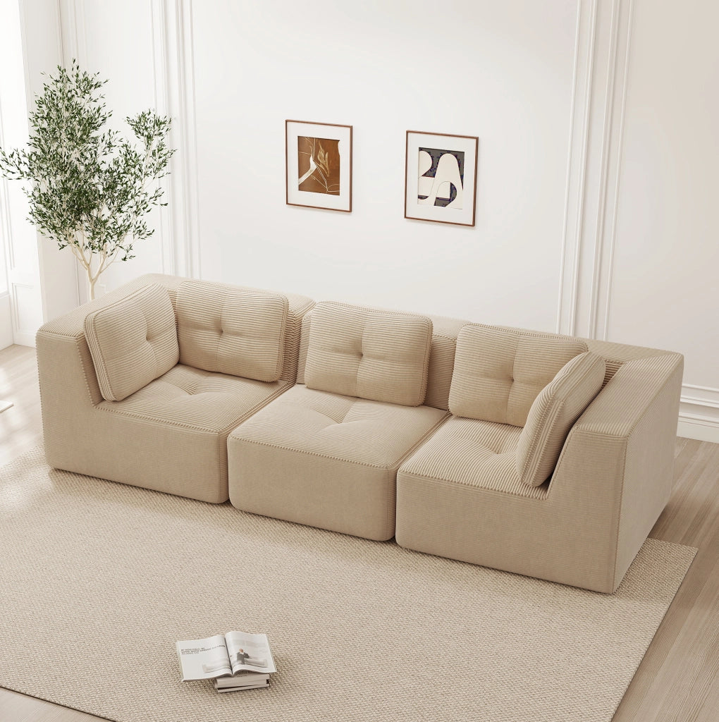 Divano angolare modulare in velluto a coste con seduta profonda 74 cm; beige