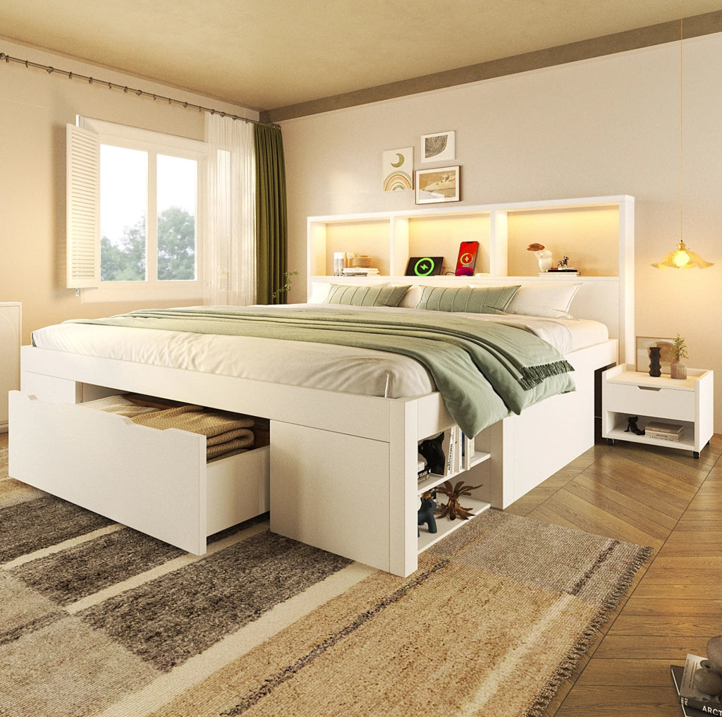 Letto 140x190 cm con testiera LED; 2 comodini mobili; cassetto e prese USB Type-C; bianco