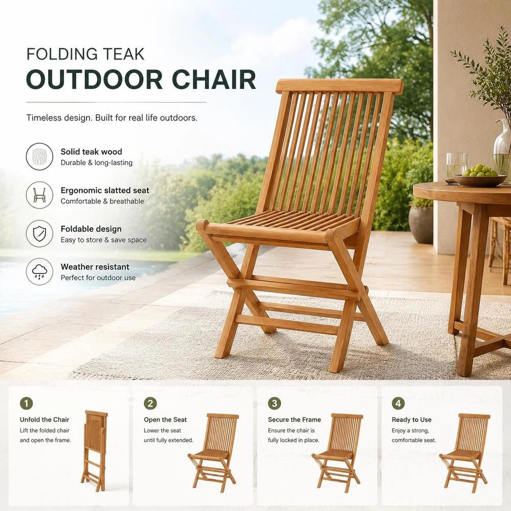Folding Garden Chairs, 2 Pieces, Solid Teak Wood