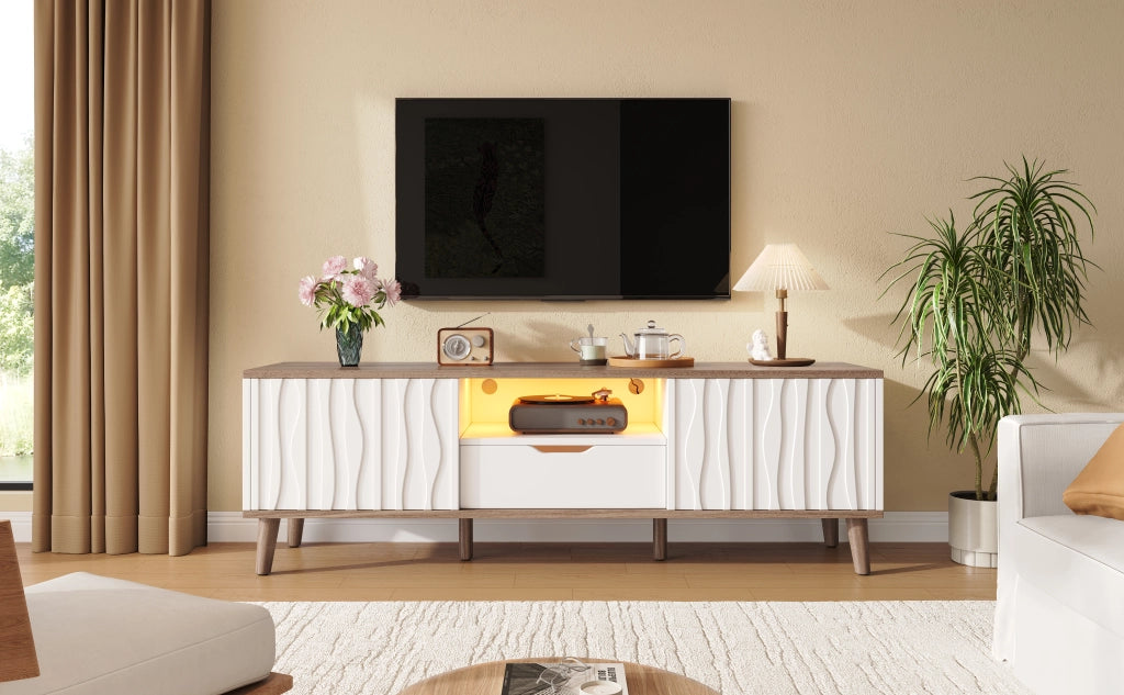 Cassettiera per TV bianca e noce scuro in MDF e truciolare; lunghezza 160 cm