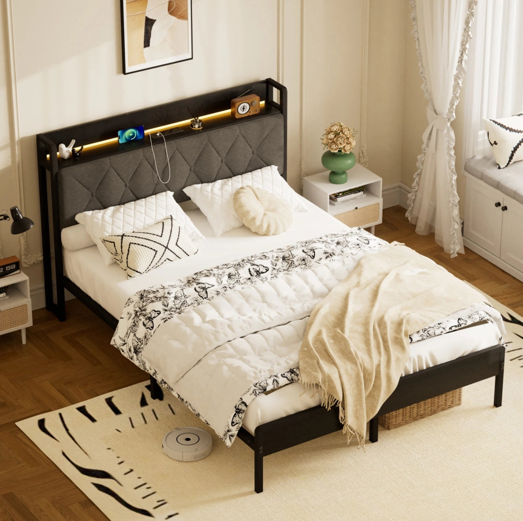 Letto imbottito 140x190 con LED, porta USB e vano sottostante