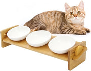 Bacino in ceramica doppio con ciotola alimentare elevata e supporto in bambù antiscivolo e siliconico - adatto per gatti e cuccioli