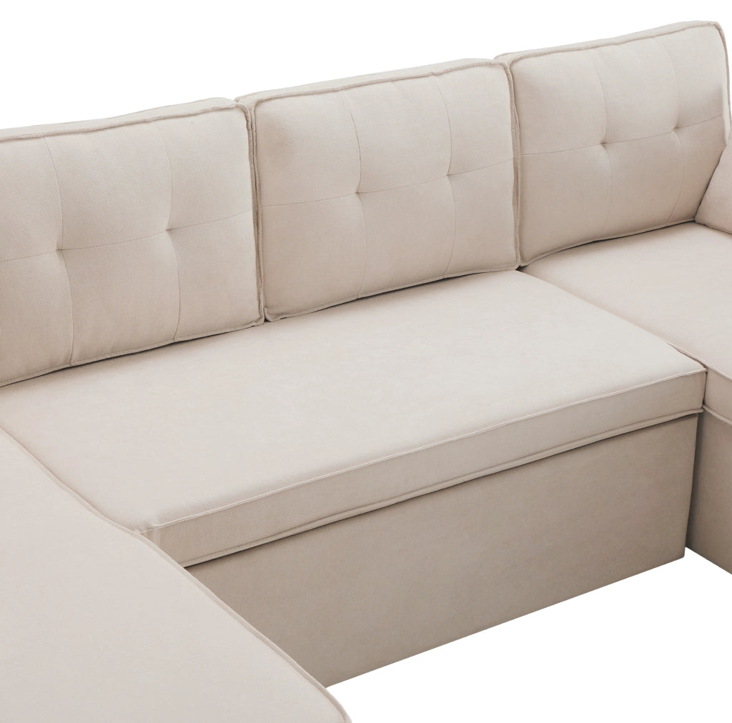 Divano letto U-förmige con contenitore, 4 posti, tessuto cotone-lino, beige, con 2 cuscini