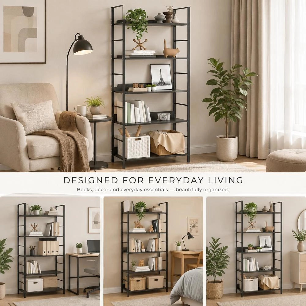 Bookshelf With 5 Shelves, Black, 60x27.6x158.5 Cm, Engineered Wood