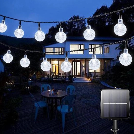 Illuminazione esterna a energia solare 50 led 7 m impermeabile 8 modi per uso interno ed esterno filo di illuminazione per giardino terrazza casa festa matrimonio decorazione esterna (bianco chiaro)