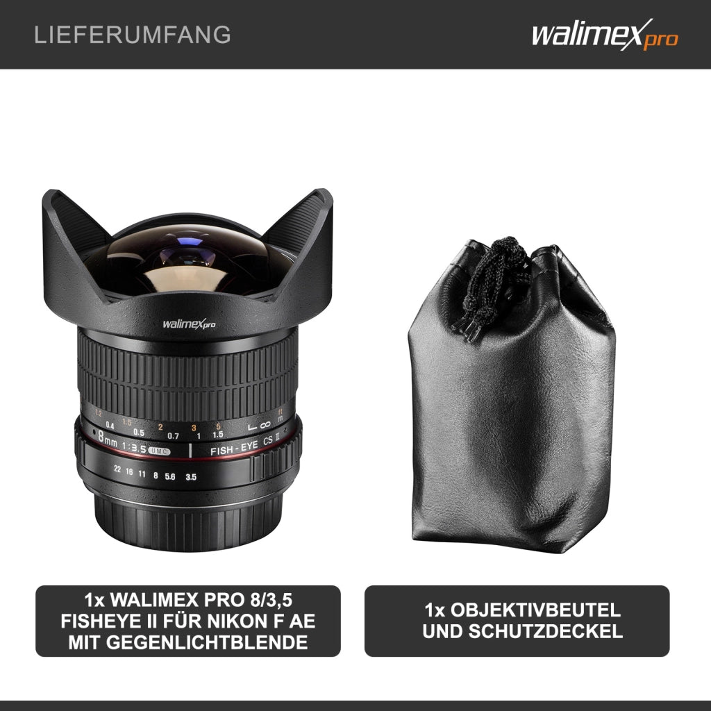 Obiettivo fisheye AE 8 mm F3,5, compatibile con Nikon F, Lente fish eye grandangolare con angolo di campo di 180°, per sensore APS-C